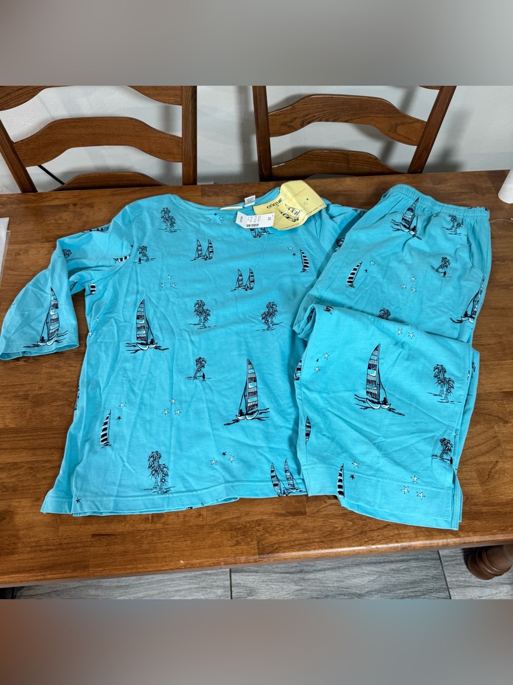 Women’s Onque 2 Pc Shirt & Pants Set Sailboats and Palm Trees Vacation Relax 2X